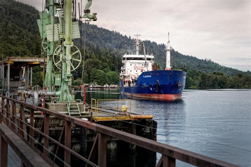 The Burrard terminal marine dock. There is a boat at the end of the dock and mountains in the background.