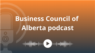 A graphic of a microphone and a play button, with a title reading: “Business Council of Alberta podcast”.