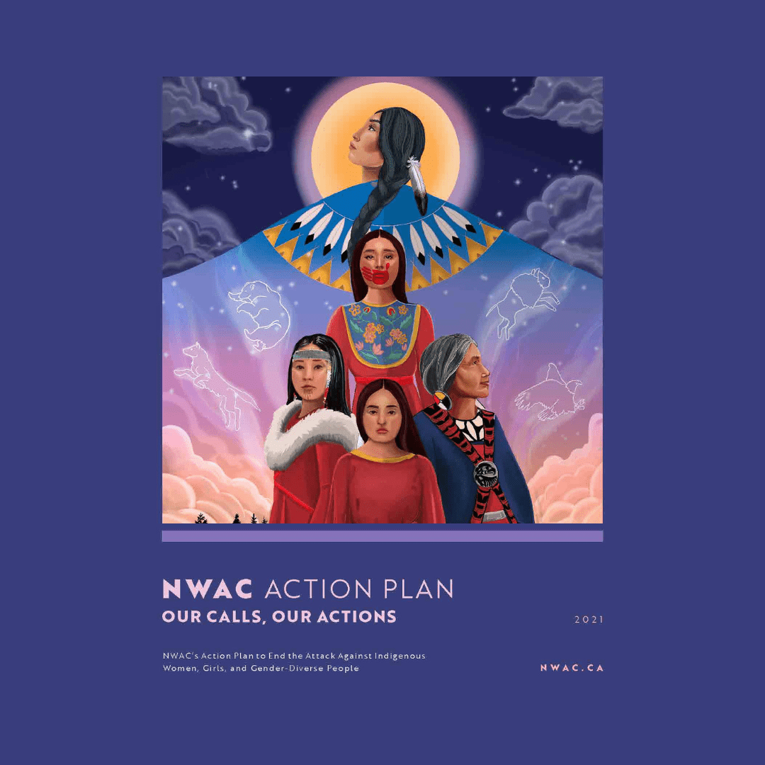 An illustration of four Indigenous people; three are wearing red dresses and one is wearing a blue robe with red details. One of the people has a red handprint over her mouth. Above them is a night sky, a bright, yellow moon and a woman with braided hair and a long cape that is decorated with feathers, tipis, animals, a sky and trees.
