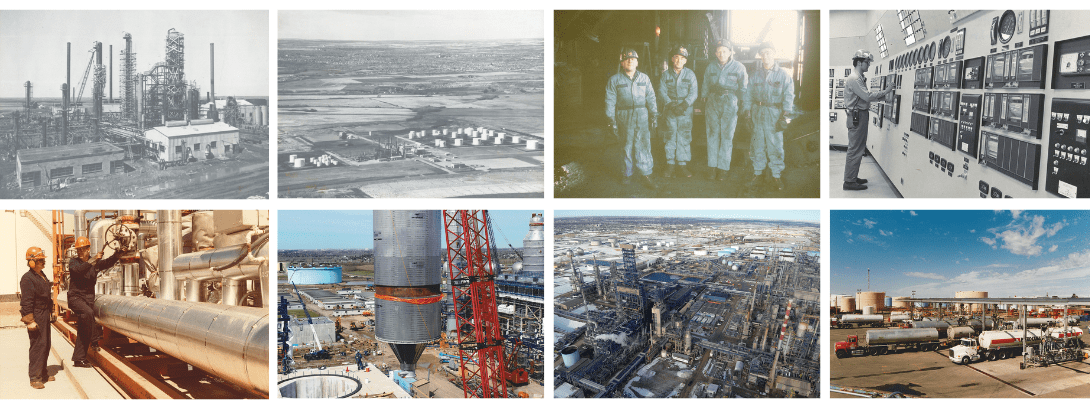 A collage of old photographs showing the evolution of the Edmonton Refinery through the decades. 