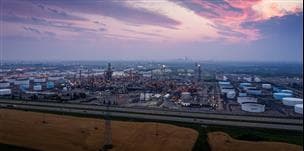 An aerial view of the Edmonton Refinery. The Edmonton skyline is in the background.