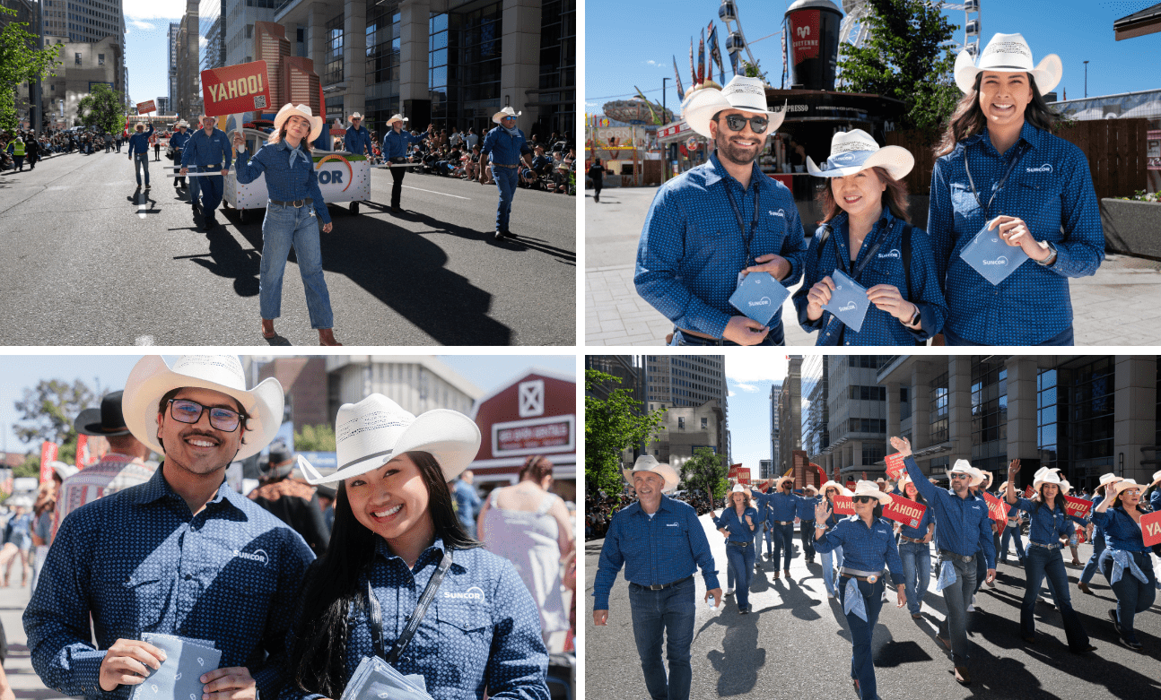 Collage of Suncor employees in blue shirts and white cowboy hats participate in the Calgary Stampede Parade and Parade to Park, carrying “YAHOO!” signs and handing out Suncor bandanas.