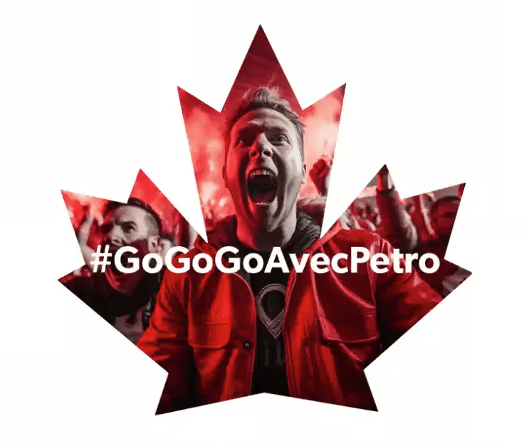 Un logo de feuille d’érable rouge avec des personnes en liesse à l’intérieur de la feuille. Le mot-clic « Go Go Go avec Petro » se trouve au milieu de la feuille.
