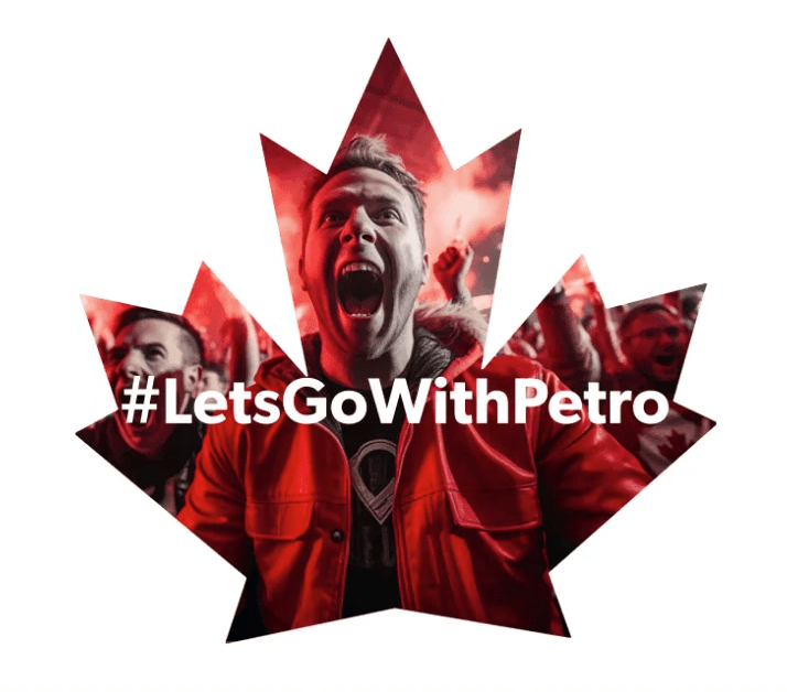 A logo of a red maple leaf with cheering people inside the leaf. The hashtag “Lets Go With Petro” is across the middle of the leaf.
