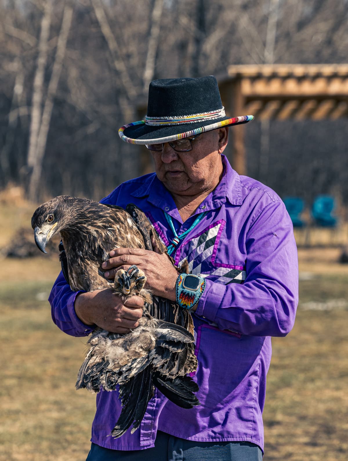 Un homme tenant une aigle à tête blanche