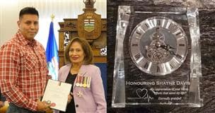 Two photos side by side: On the left, Shayne accepting his award from the Lieutenant Governor of Alberta; On the right, the clock that was given to Shayne by the heart attack survivor.