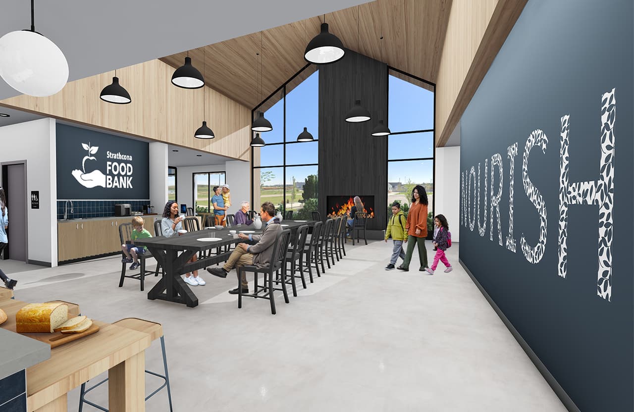 Interior rendering of a community food bank space with long communal tables, seating and people gathered inside.