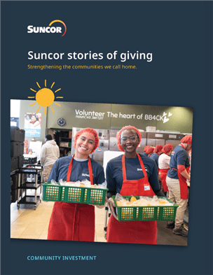 Suncor “Stories of Giving: Strengthening the communities we call home” report cover, featuring Suncor volunteers preparing and holding baskets of packaged food in a kitchen setting.