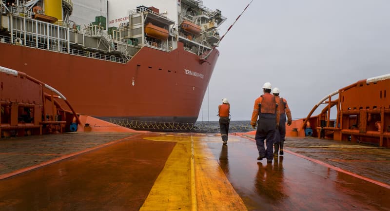 Trois travailleurs de dos à la caméra marchent sur un quai vers le navire Terra Nova au loin.