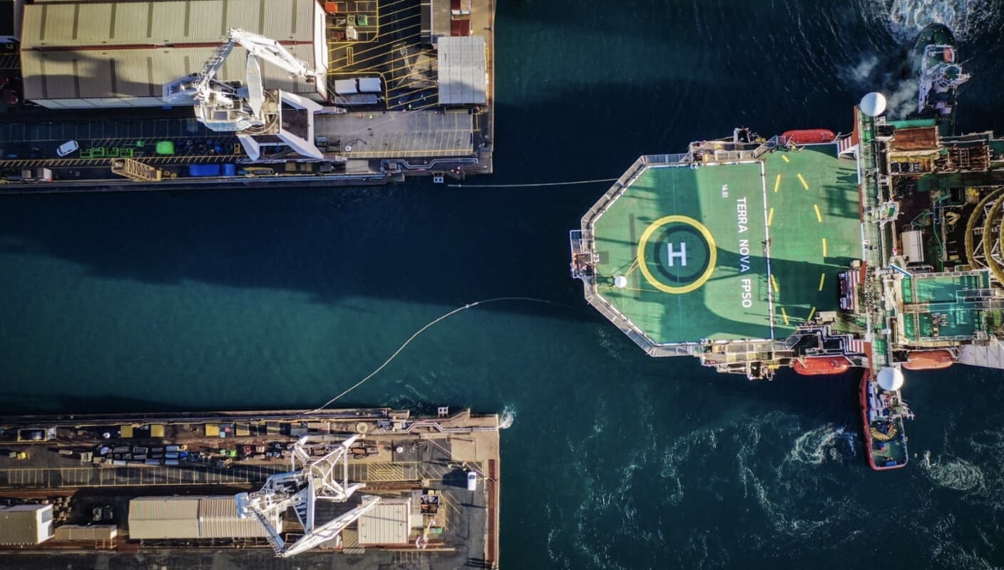 An aerial shot of the Terra Nova platform from directly above, showing the helicopter pad