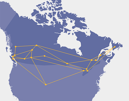Une carte du Canada et des États-Unis illustrant les secteurs où Suncor exploite ses activités.